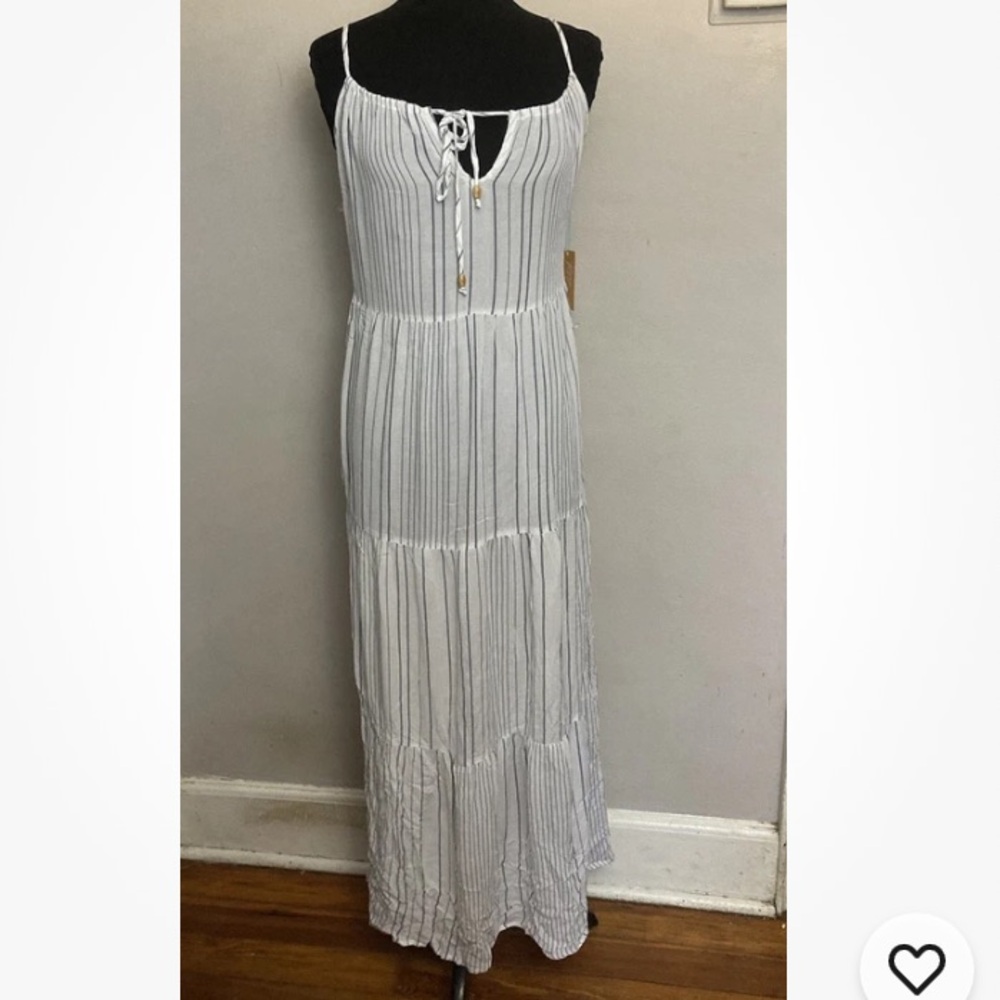 7-29 Kona Sol White Maxi Dress Medium 8-10 NWT stripe Beachy Tiered Full